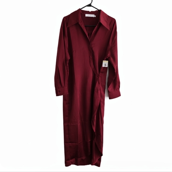 Astr The Label | Satin Wrap Shirt Dress Burgundy NWT - Picture 4 of 11